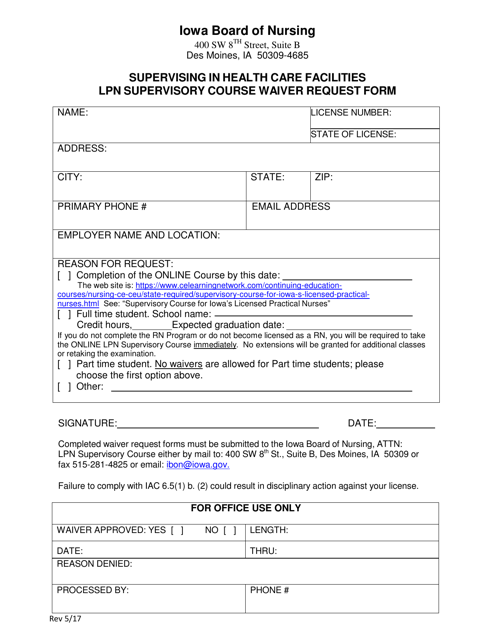 Supervising in Health Care Facilities Lpn Supervisory Course Waiver Request Form - Iowa