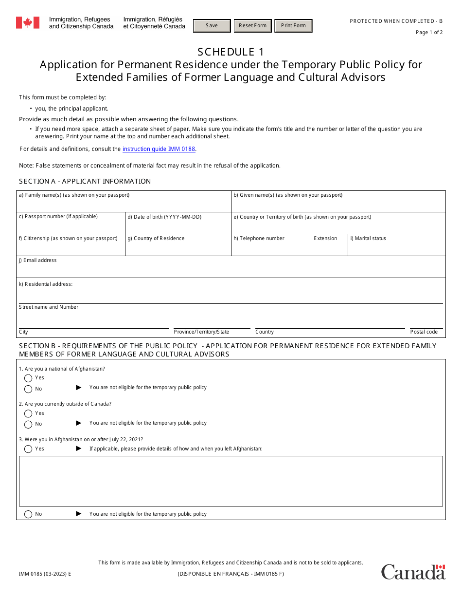 Form IMM0185 Schedule 1 Application for Permanent Residence Under the Temporary Public Policy for Extended Families of Former Language and Cultural Advisors - Canada, Page 1