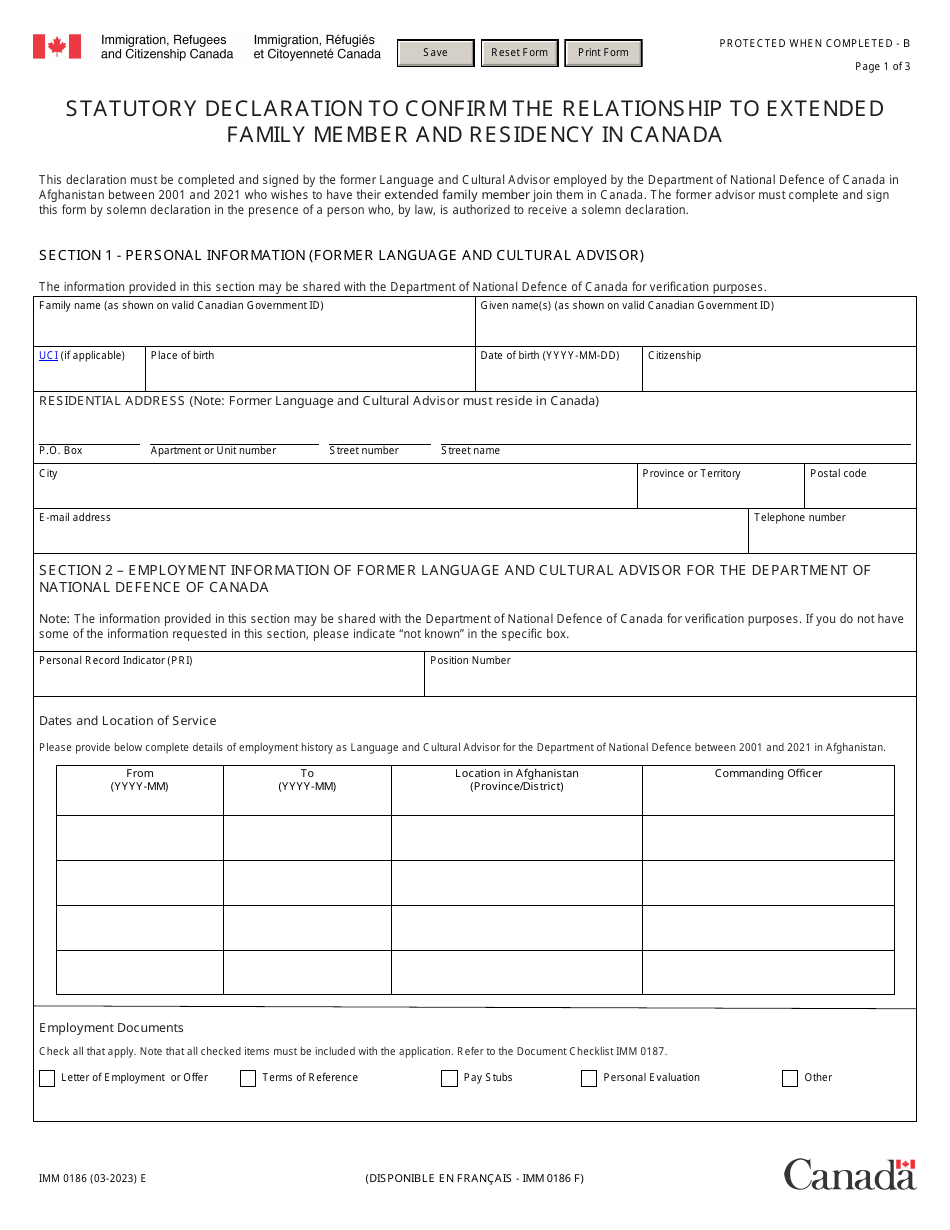 Form IMM0186 Statutory Declaration to Confirm the Relationship to Extended Family Member and Residency in Canada - Canada, Page 1