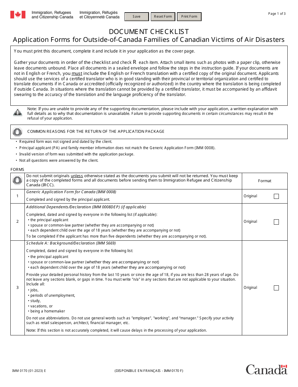 Form IMM0170 Document Checklist - Application Forms for Outside-Of-Canada Families of Canadian Victims of Air Disasters - Canada, Page 1