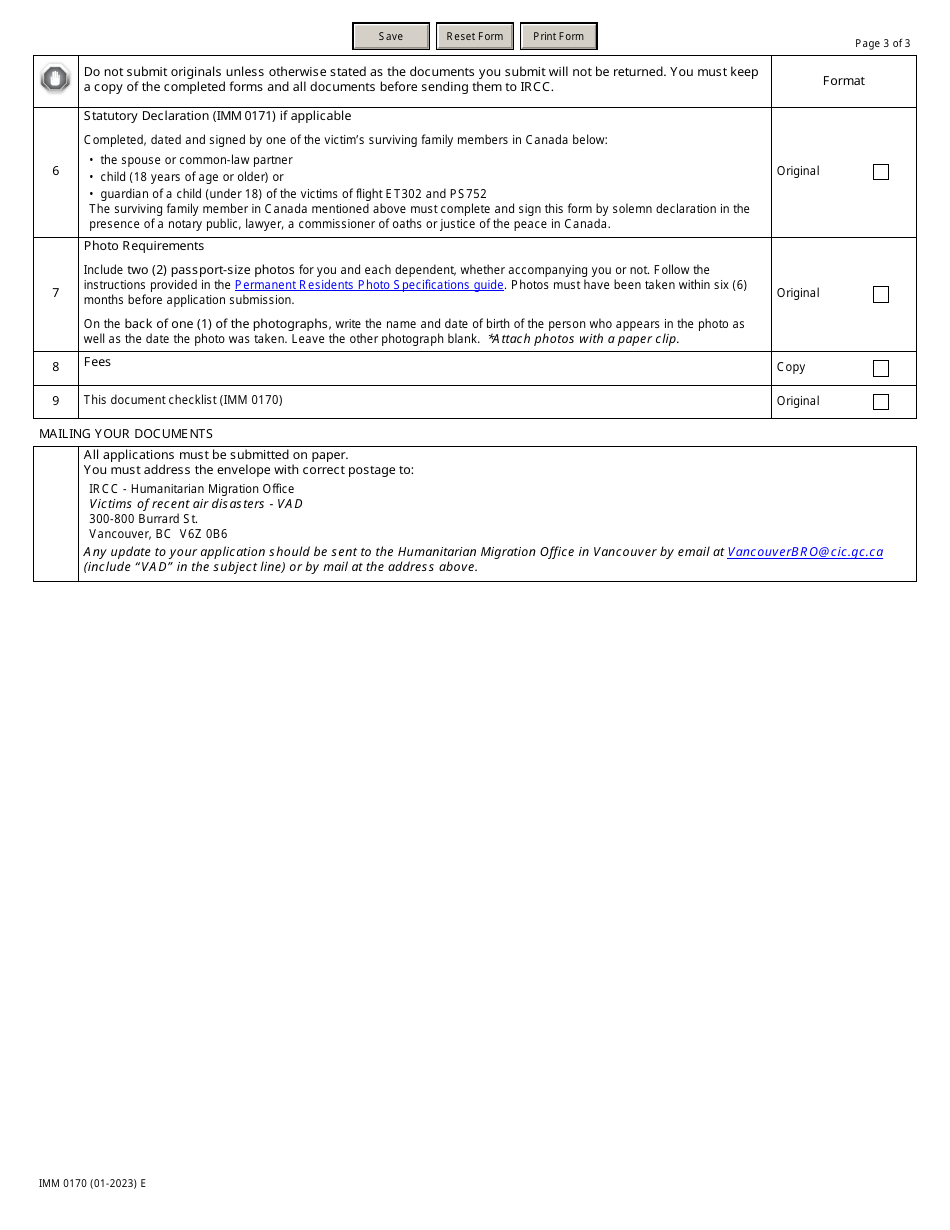 Form IMM0170 Document Checklist - Application Forms for Outside-Of-Canada Families of Canadian Victims of Air Disasters - Canada, Page 3