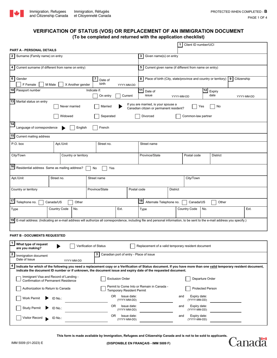 Form IMM5009 Download Fillable PDF Verification of Status (Vos) or ...