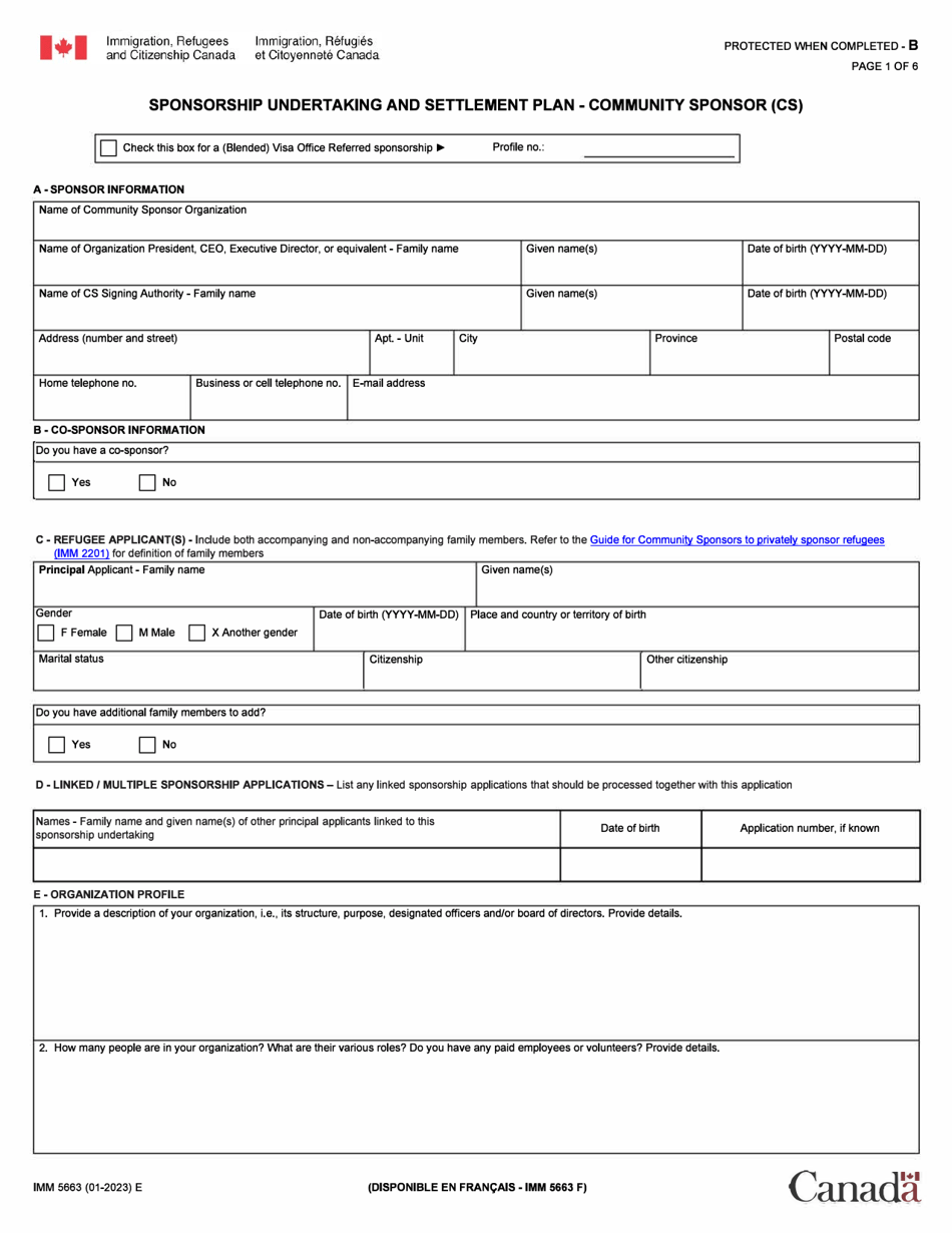 Form IMM5663 Sponsorship Undertaking and Settlement Plan - Community Sponsor (Cs) - Canada, Page 1