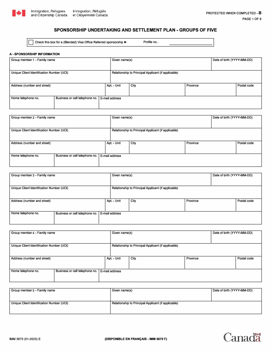 Form IMM5670 Sponsorship Undertaking and Settlement Plan - Groups of Five - Canada, Page 1