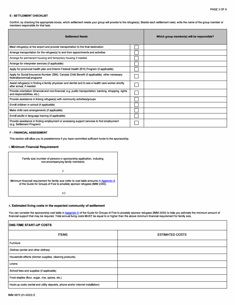 Form IMM5670 Sponsorship Undertaking and Settlement Plan - Groups of Five - Canada, Page 3