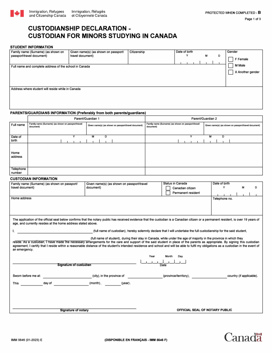Form IMM5646 Custodian Declaration - Custodian for Minors Studying in Canada - Canada, Page 1