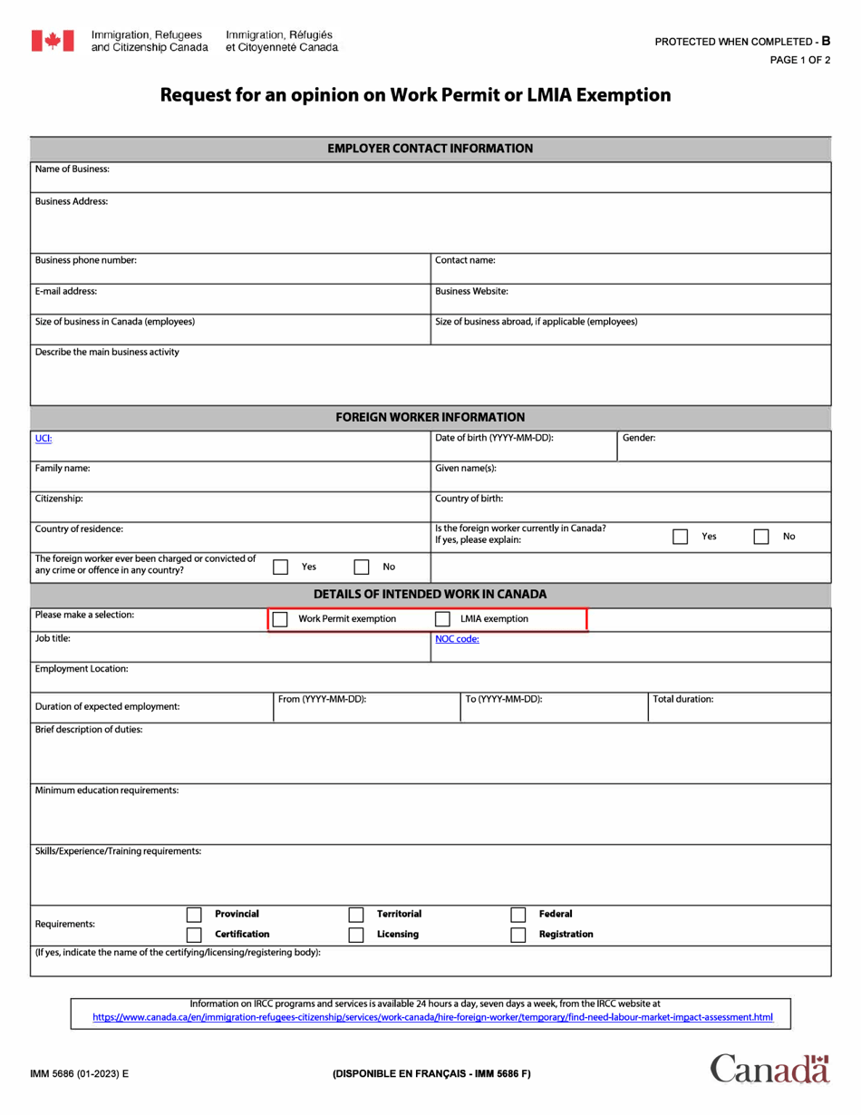 Form IMM5686 Request for an Opinion on Work Permit or Lmia Exemption - Canada, Page 1