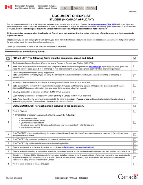 Form IMM5555 Document Checklist Student (In Canada Applicant) - Canada
