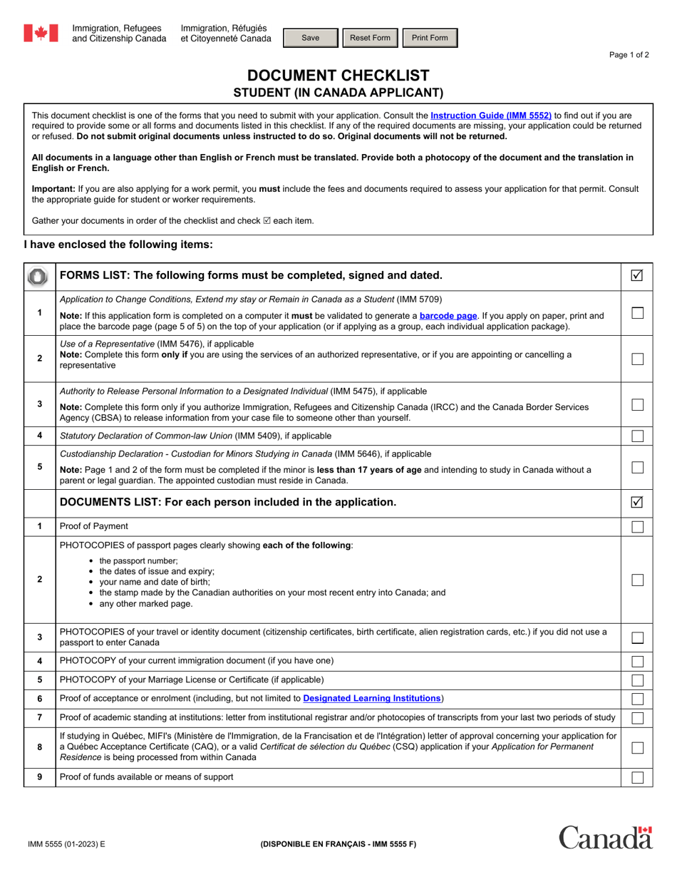 Form IMM5555 Document Checklist Student (In Canada Applicant) - Canada, Page 1