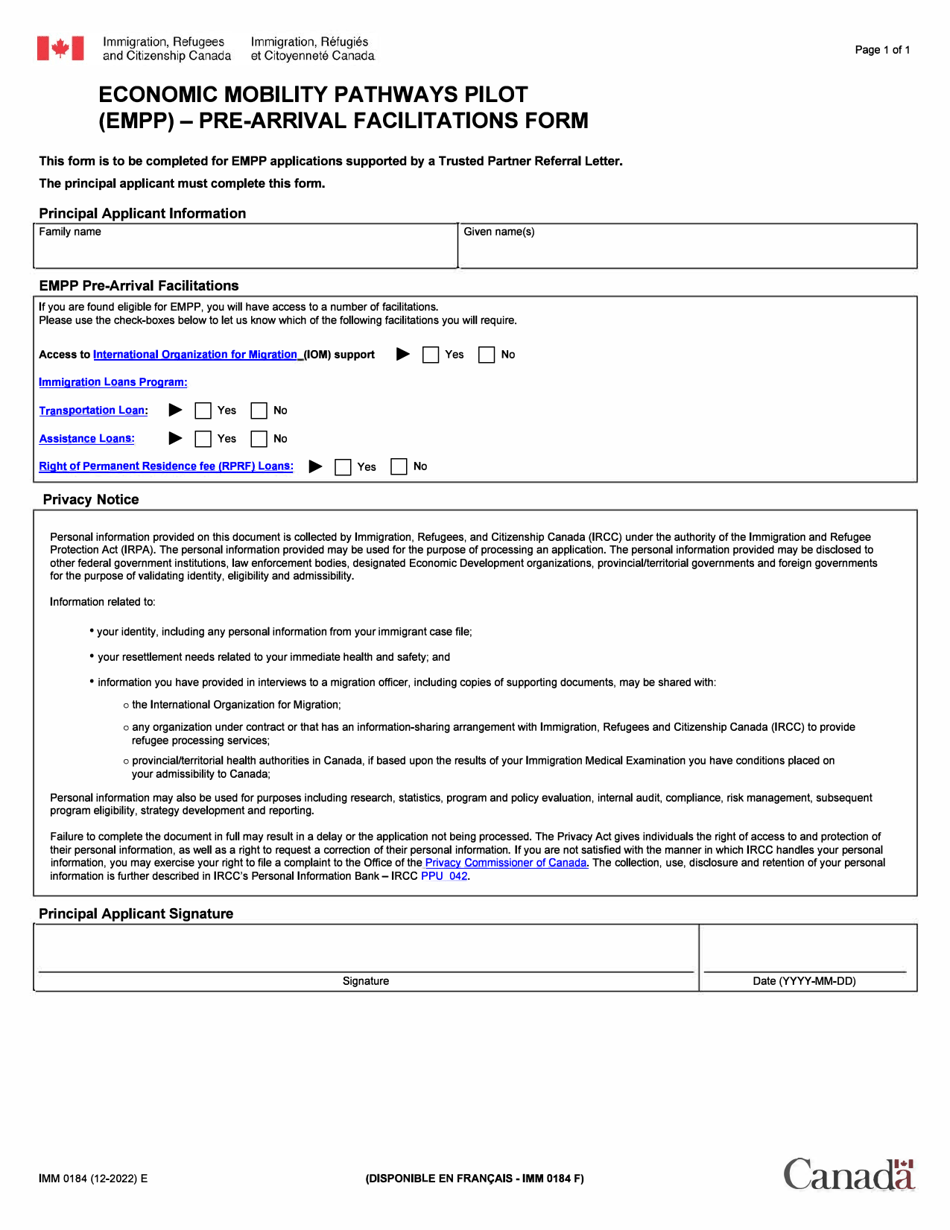Form IMM0184 Economic Mobility Pathways Pilot (Empp) - Pre-arrival Facilitations Form - Canada, Page 1