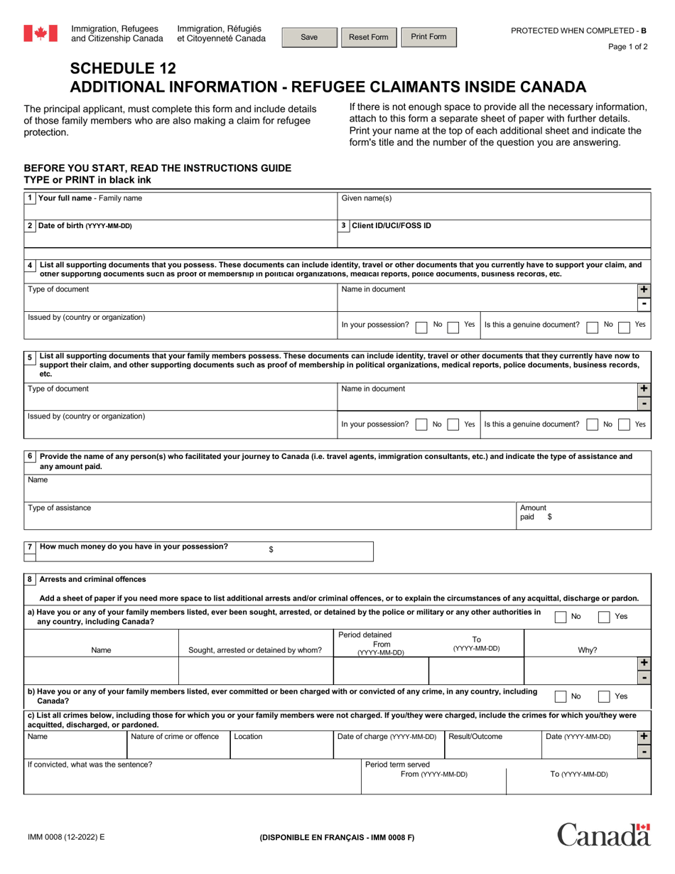 Form IMM0008 Schedule 12 Additional Information - Refugee Claimants Inside Canada - Canada, Page 1