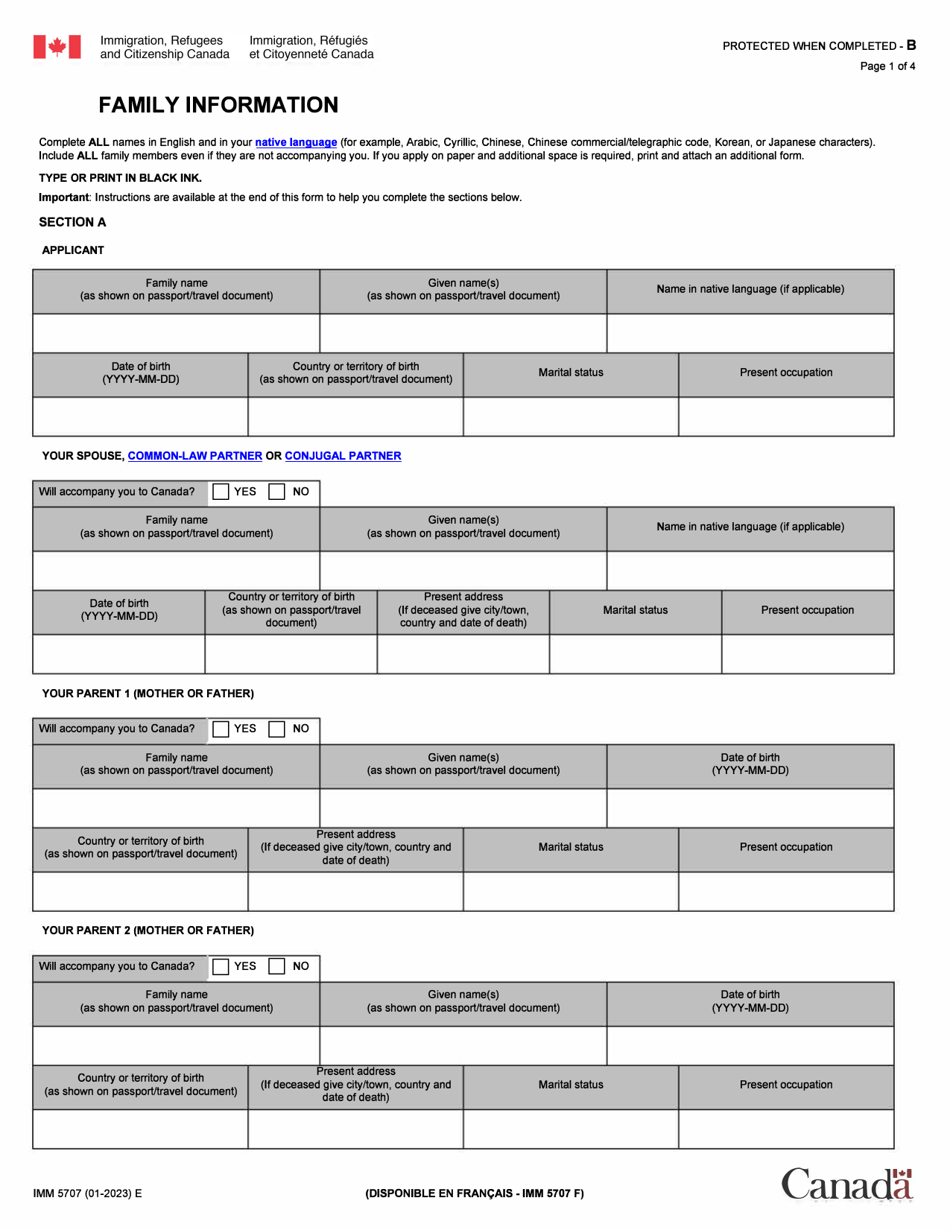 Form IMM5707 Family Information - Visitors, Students and Workers - Canada, Page 1