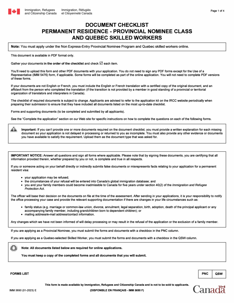 Form IMM5690 Document Checklist - Provincial Nominee Program and Quebec Skilled Workers - Canada, Page 1
