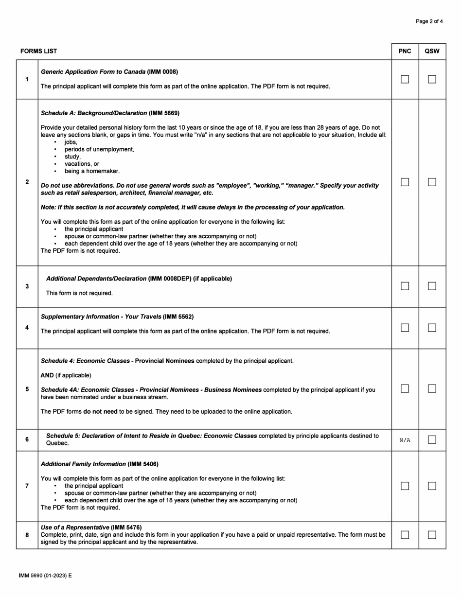 Form IMM5690 Document Checklist - Provincial Nominee Program and Quebec Skilled Workers - Canada, Page 2