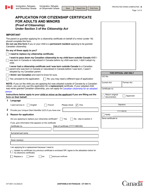 Form CIT0001 Application for Citizenship Certificate for Adults and Minors (Proof of Citizenship) Under Section 3 of the Citizenship Act - Canada