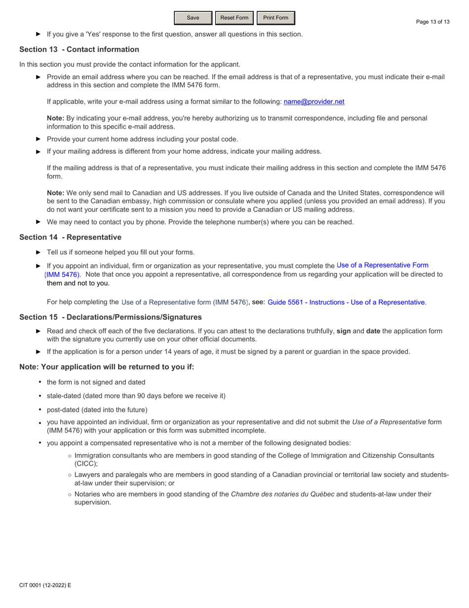 Form CIT0001 Application for Citizenship Certificate for Adults and Minors (Proof of Citizenship) Under Section 3 of the Citizenship Act - Canada, Page 13