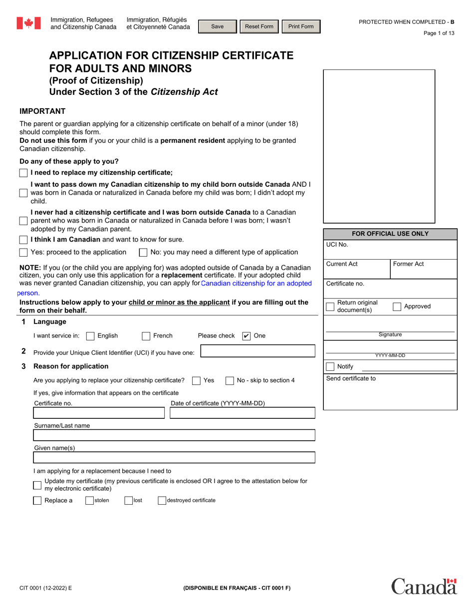 Form CIT0001 Application for Citizenship Certificate for Adults and Minors (Proof of Citizenship) Under Section 3 of the Citizenship Act - Canada, Page 1