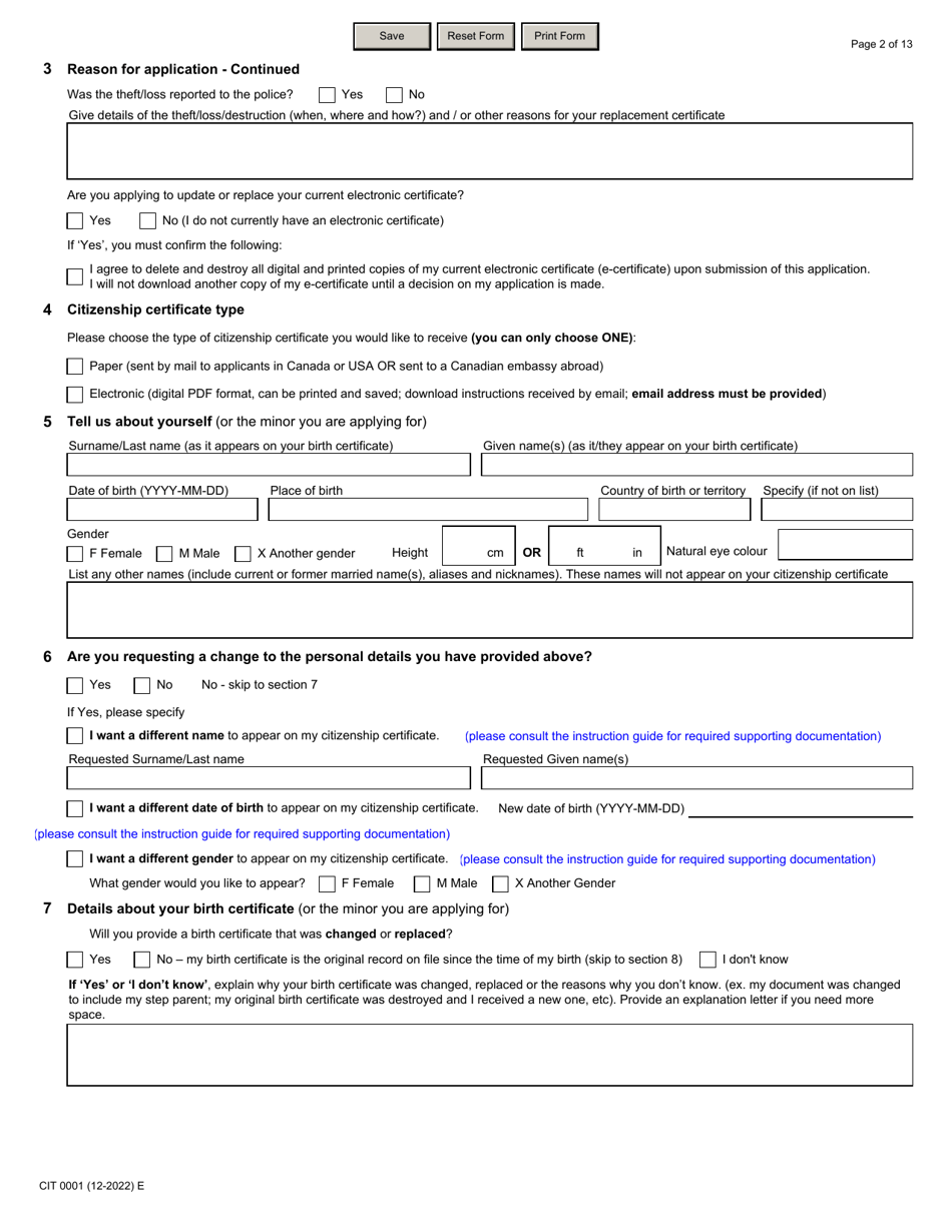 Form CIT0001 Application for Citizenship Certificate for Adults and Minors (Proof of Citizenship) Under Section 3 of the Citizenship Act - Canada, Page 2