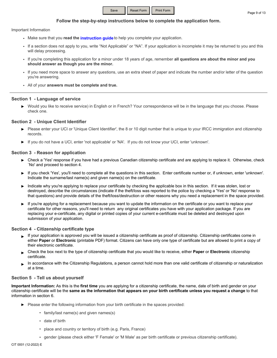 Form CIT0001 Application for Citizenship Certificate for Adults and Minors (Proof of Citizenship) Under Section 3 of the Citizenship Act - Canada, Page 9