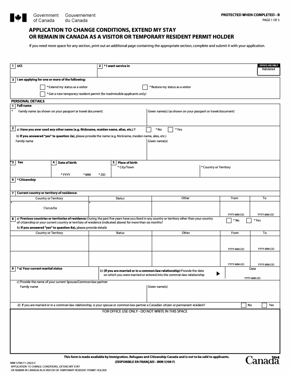 Form IMM5708 Application to Change Conditions, Extend My Stay or Remain in Canada as a Visitor or Temporary Resident Permit Holder - Canada, Page 1