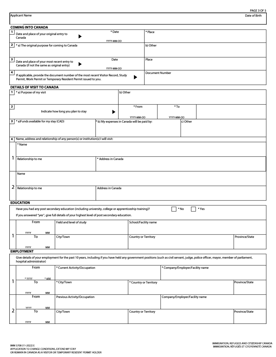 Form IMM5708 Application to Change Conditions, Extend My Stay or Remain in Canada as a Visitor or Temporary Resident Permit Holder - Canada, Page 3