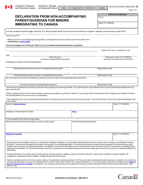 Form IMM5604 Declaration From Non-accompanying Parent/Guardian for Minors Immigrating to Canada - Canada
