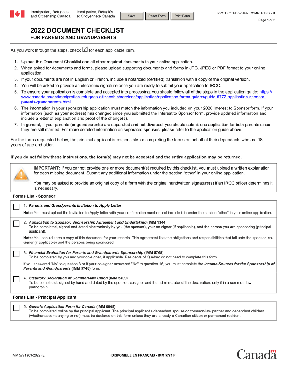 Form IMM5771 Document Checklist for Parents and Grandparents - Canada, Page 1