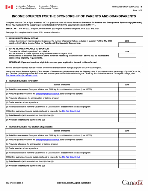 Form IMM5748 Income Sources for the Sponsorship of Parents and Grandparents - Canada