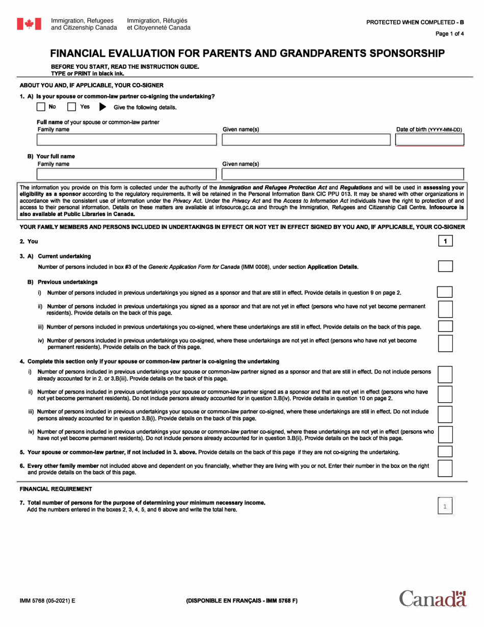 Form IMM5768 Financial Evaluation for Parents and Grandparents Sponsorship - Canada, Page 1