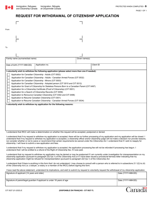 Form CIT0027 Request for Withdrawal of Citizenship Application - Canada