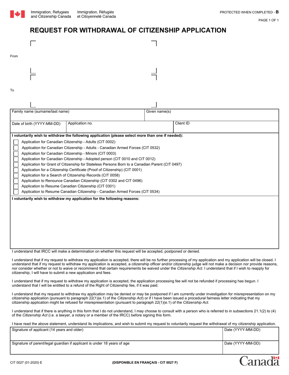 Form CIT0027 Request for Withdrawal of Citizenship Application - Canada, Page 1