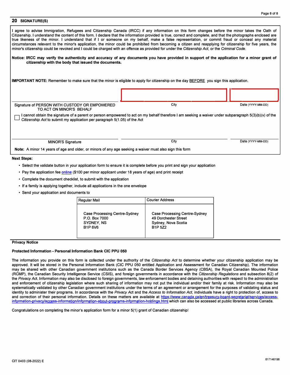 Form CIT0403 Application for Canadian Citizenship - Minors (Under 18 Years of Age) Applying Under Subsection 5(1) - Canada, Page 8