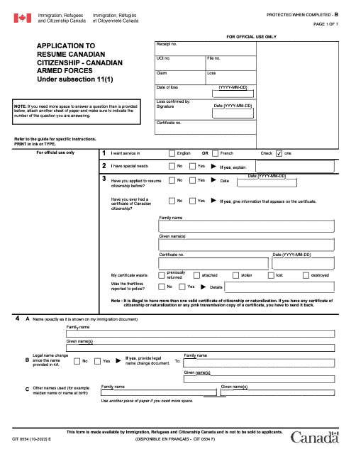 Form CIT0534 Application to Resume Canadian Citizenship - Canadian Armed Forces - Canada