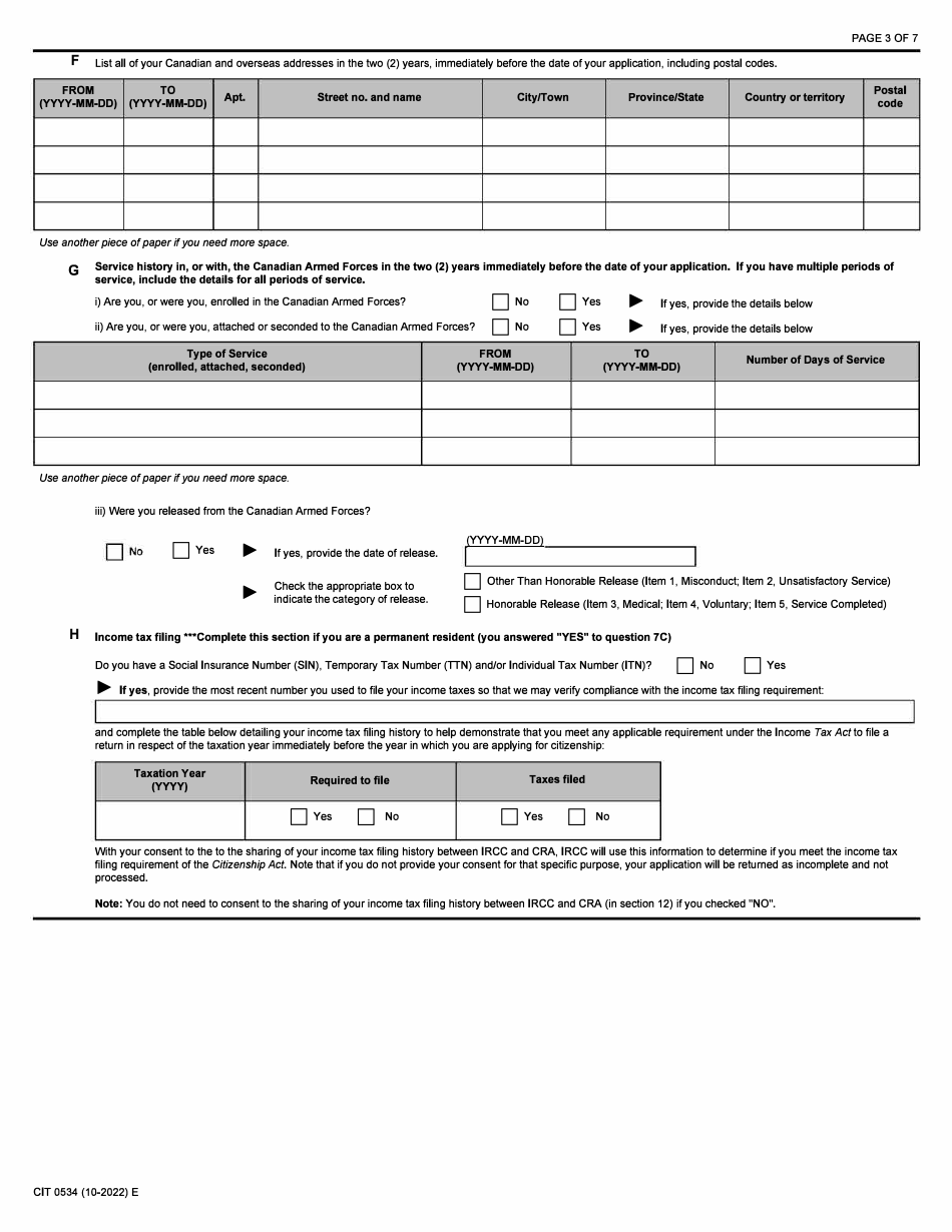 Form CIT0534 Application to Resume Canadian Citizenship - Canadian Armed Forces - Canada, Page 3