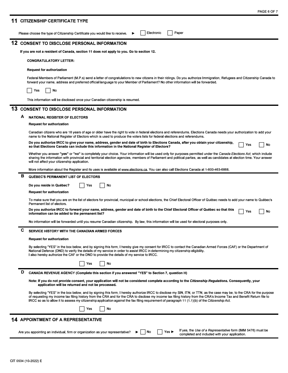 Form CIT0534 Application to Resume Canadian Citizenship - Canadian Armed Forces - Canada, Page 6