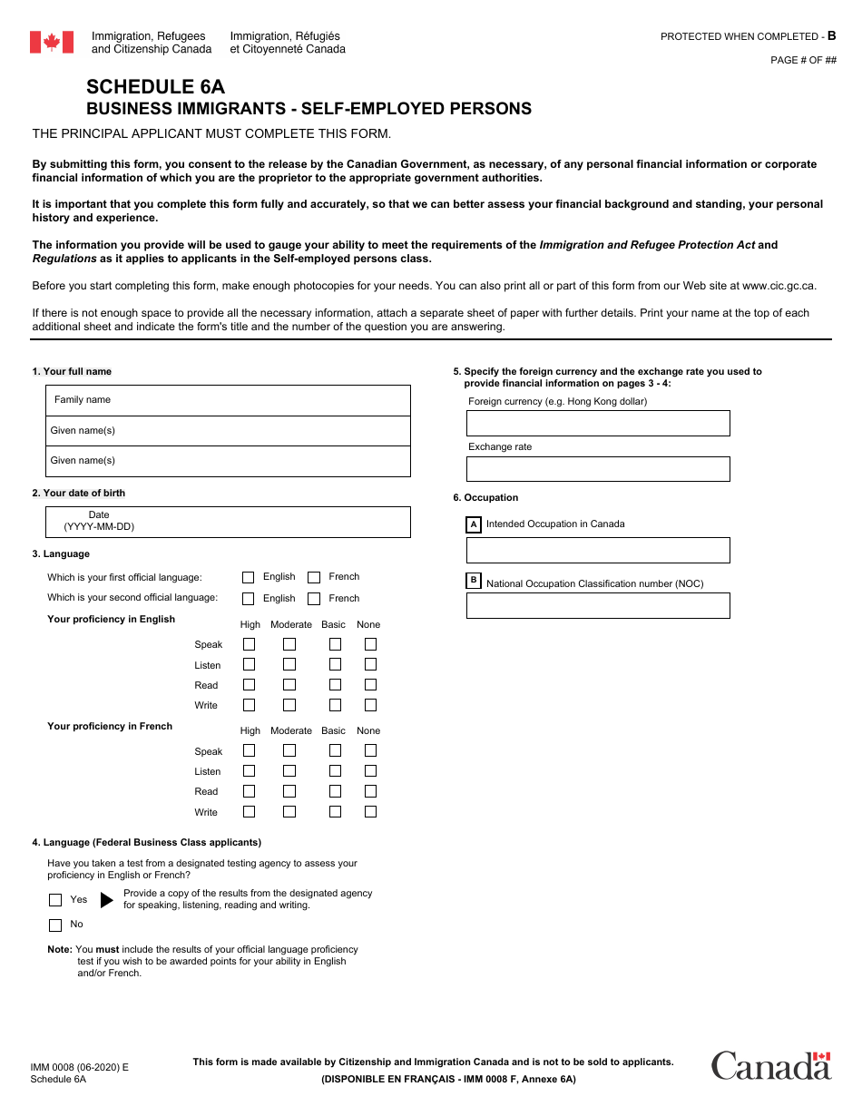 Form IMM0008 Schedule 6A Business Immigrants - Self-employed Persons - Canada, Page 1