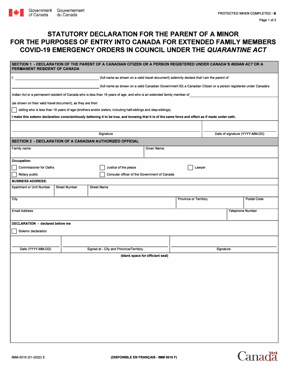 Form IMM-0016 Statutory Declaration for the Parent of a Minor for the Purposes of Entry Into Canada for Extended Family Members Covid-19 Emergency Orders in Council Under the Quarantine Act - Canada, Page 1