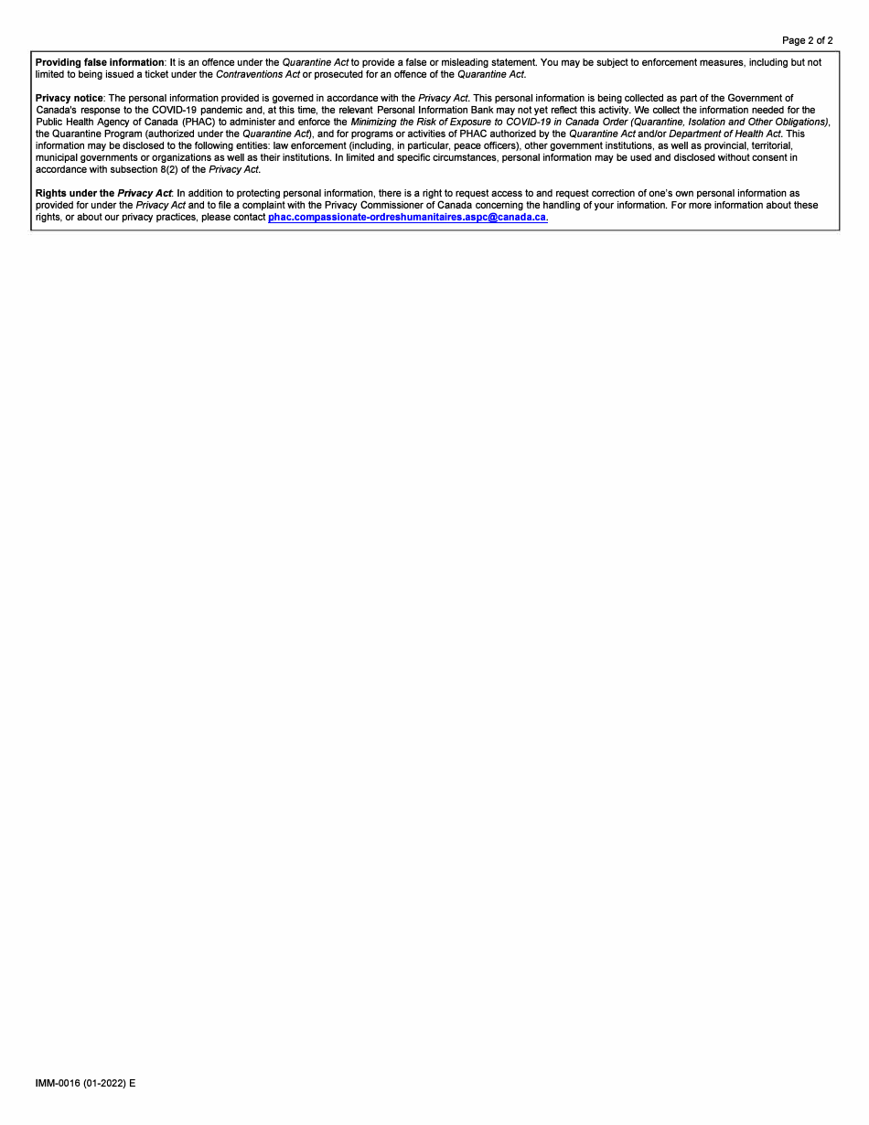 Form IMM-0016 Statutory Declaration for the Parent of a Minor for the Purposes of Entry Into Canada for Extended Family Members Covid-19 Emergency Orders in Council Under the Quarantine Act - Canada, Page 2