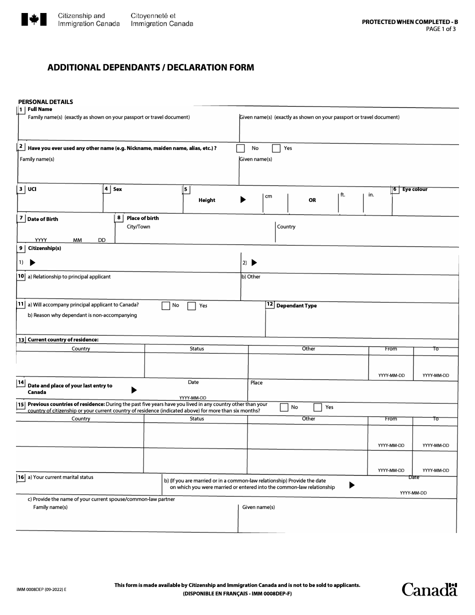 Form IMM0008DEP Additional Dependants / Declaration Form - Canada, Page 1