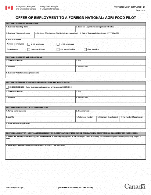 Form IMM0115 Offer of Employment to a Foreign National - Agri-Food Pilot - Canada