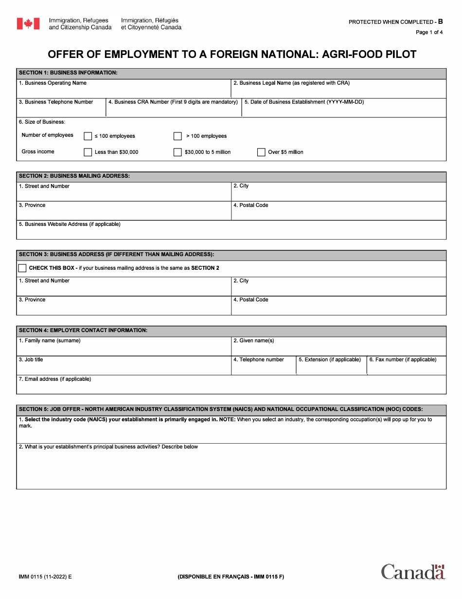 Form IMM0115 Offer of Employment to a Foreign National - Agri-Food Pilot - Canada, Page 1