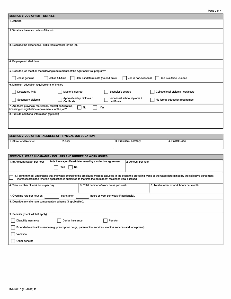 Form Imm0115 Download Fillable Pdf Offer Of Employment To A Foreign 