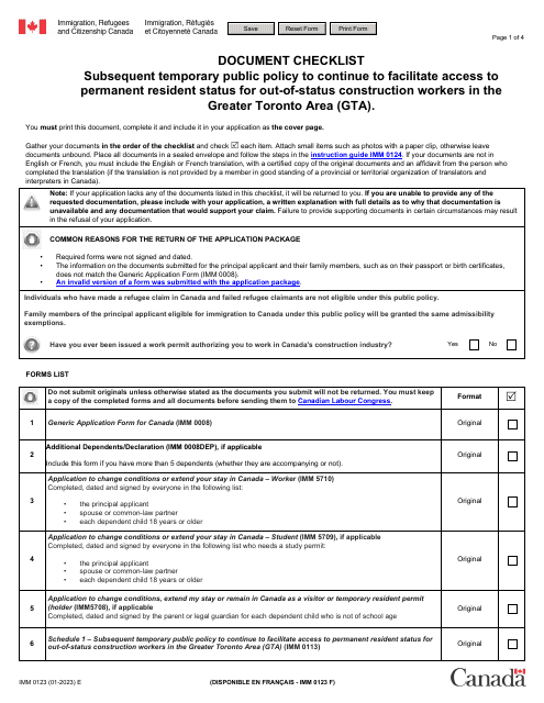 Form IMM0123 Document Checklist - Subsequent Temporary Public Policy to Continue to Facilitate Access to Permanent Resident Status for out-Of-Status Construction Workers in the Greater Toronto Area (Gta) - Canada