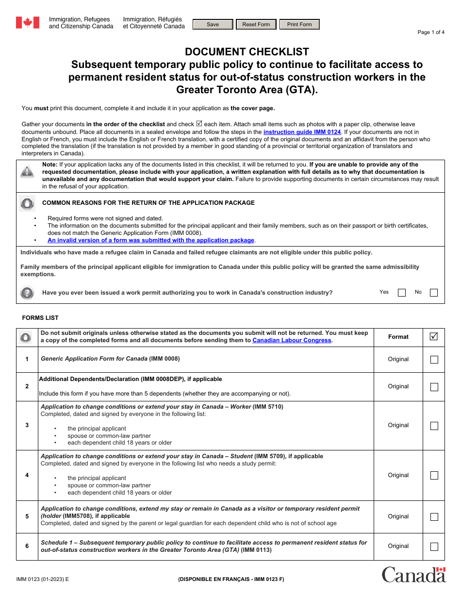 Form IMM0123 Document Checklist - Subsequent Temporary Public Policy to Continue to Facilitate Access to Permanent Resident Status for out-Of-Status Construction Workers in the Greater Toronto Area (Gta) - Canada, Page 1