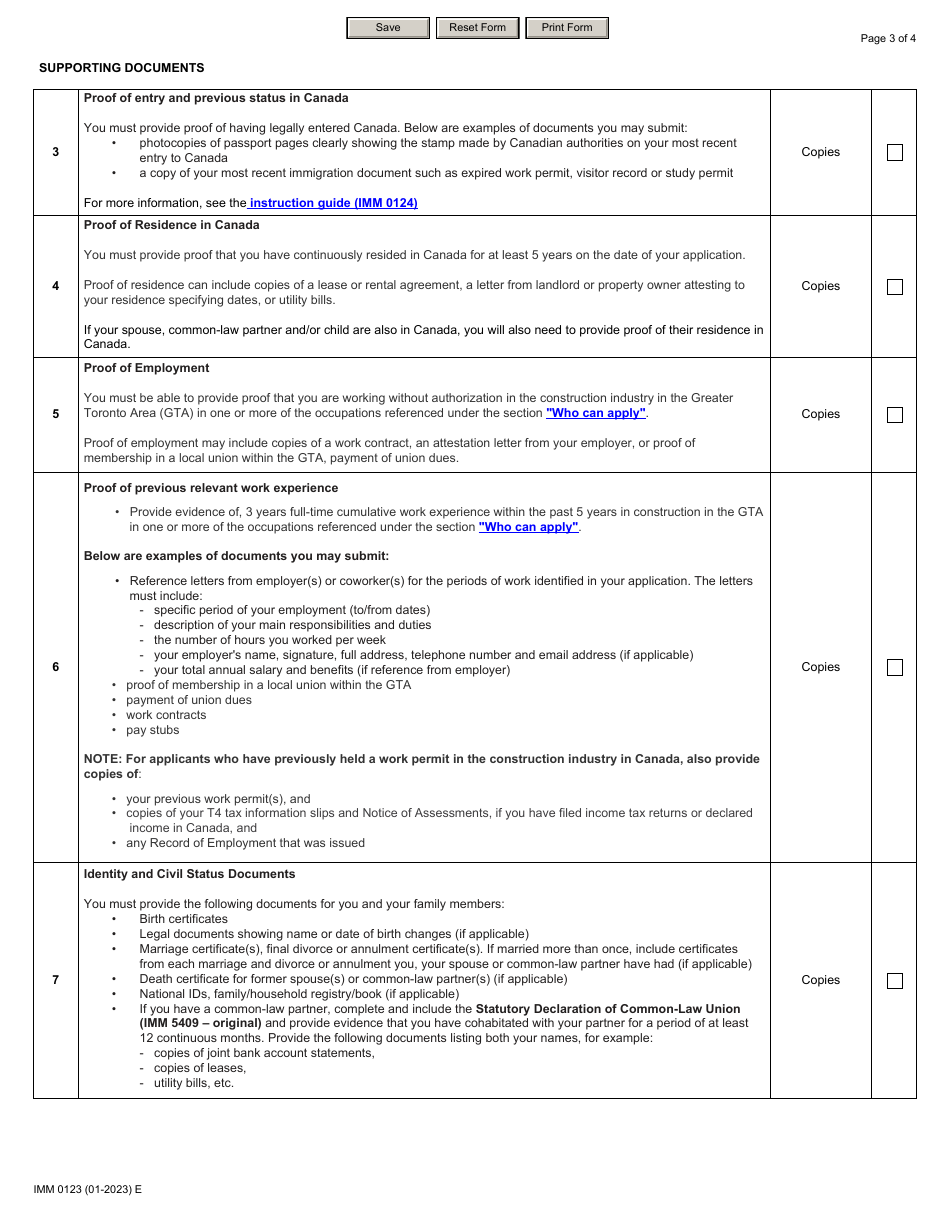 Form IMM0123 Document Checklist - Subsequent Temporary Public Policy to Continue to Facilitate Access to Permanent Resident Status for out-Of-Status Construction Workers in the Greater Toronto Area (Gta) - Canada, Page 3