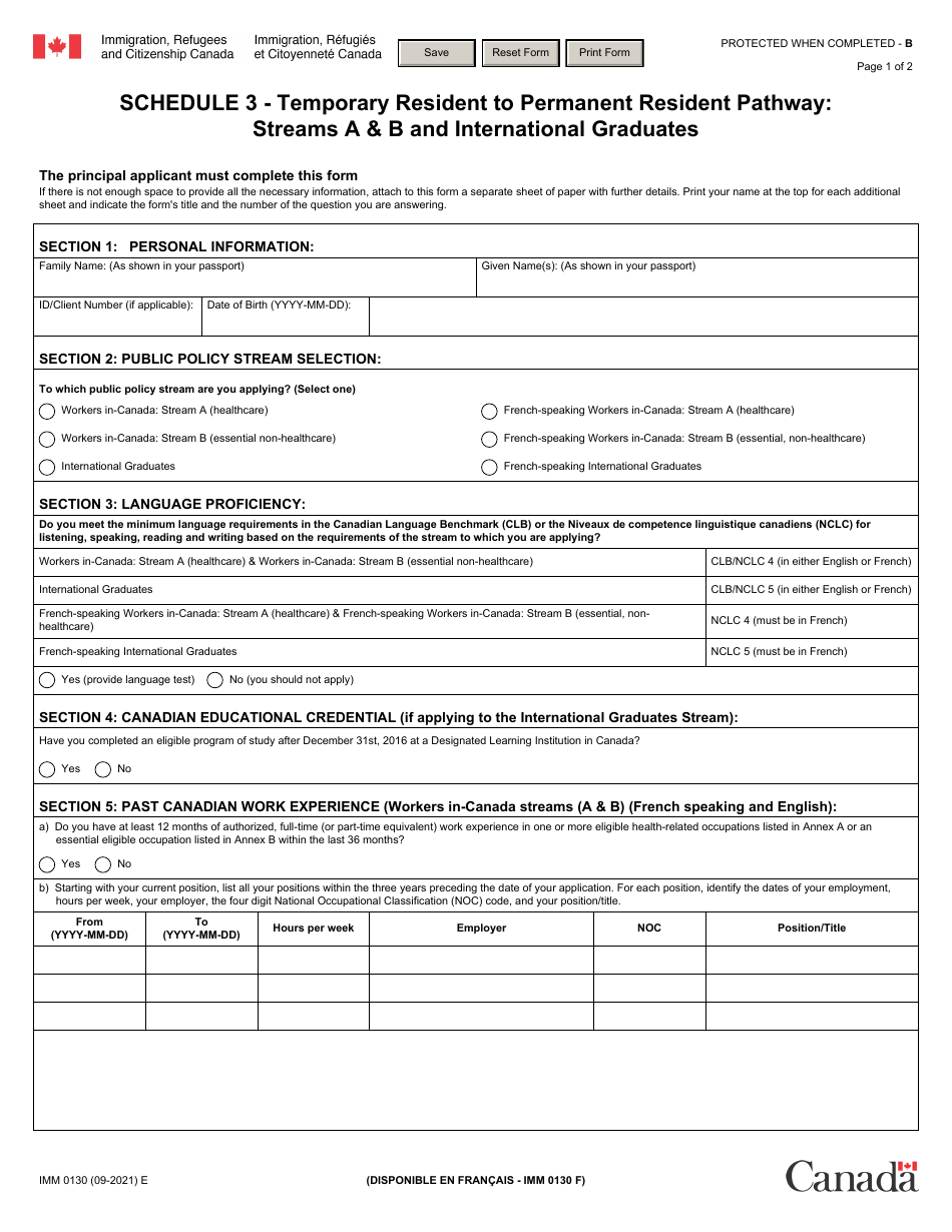 Form IMM0130 Schedule 3 Temporary Resident to Permanent Resident Pathway: Streams a  B and International Graduates - Canada, Page 1