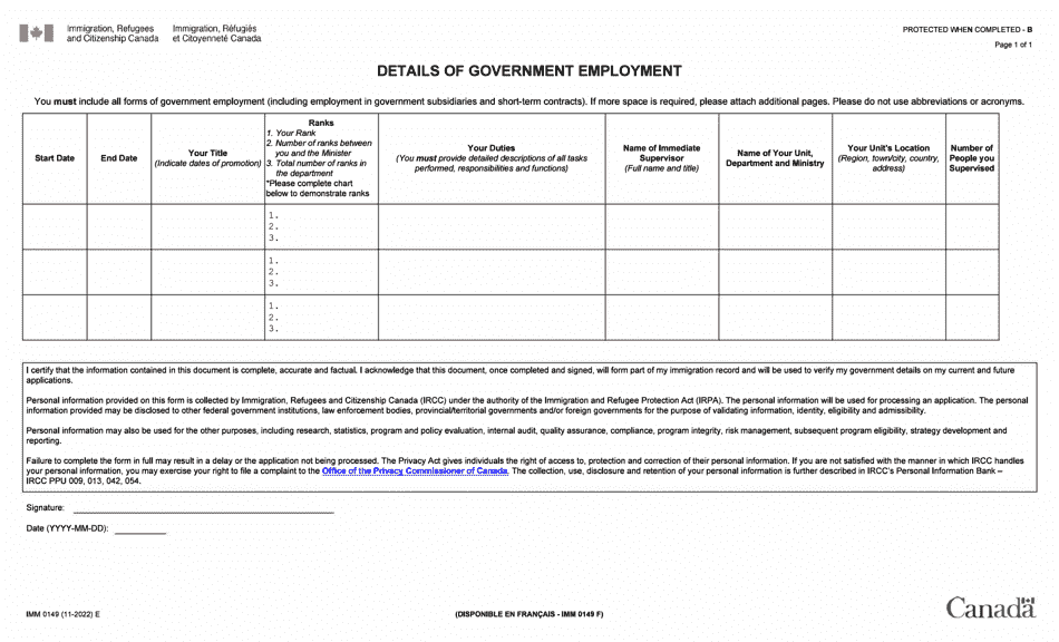 Form IMM0149 Download Fillable PDF Or Fill Online Details Of Government   Form Imm0149 Details Of Government Employment Canada Print Big 