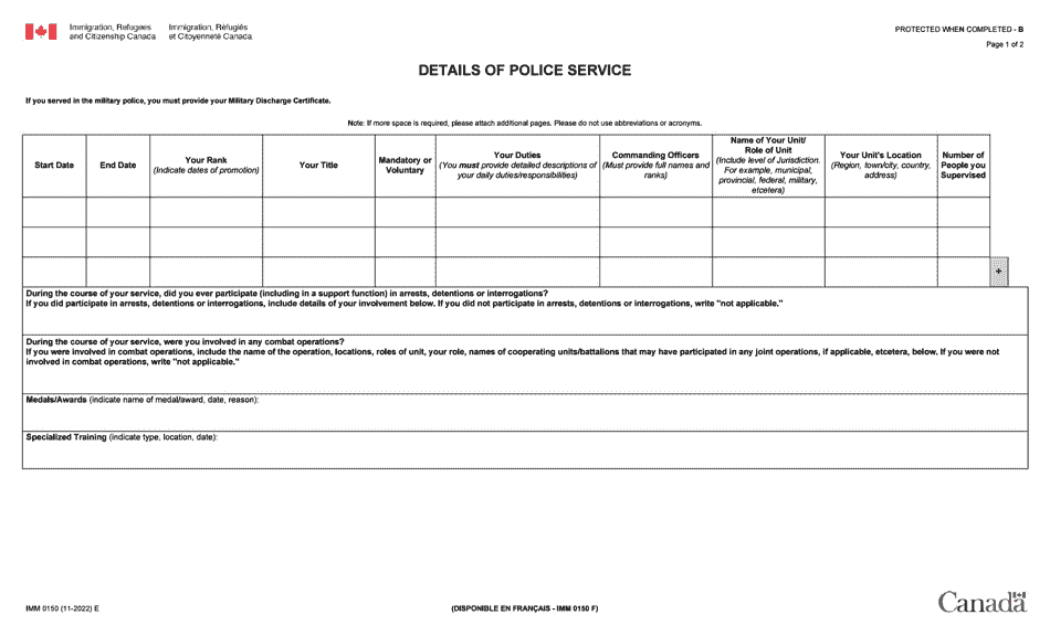 Form IMM0150 Details of Police Service - Canada, Page 1