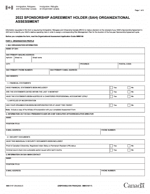 Form IMM0167 Sponsorship Agreement Holder (Sah) Organizational Assessment - Canada, 2022