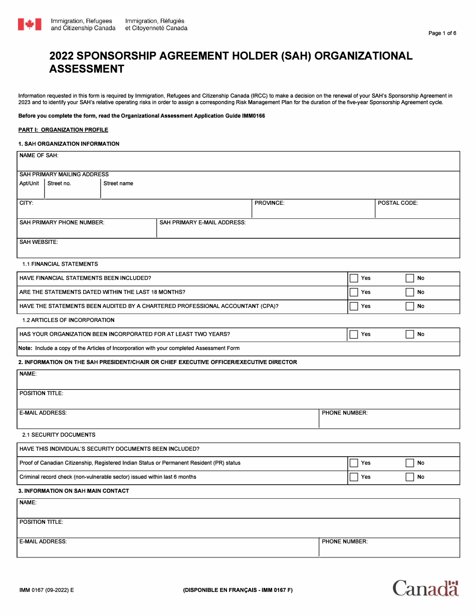 Form IMM0167 Sponsorship Agreement Holder (Sah) Organizational Assessment - Canada, Page 1